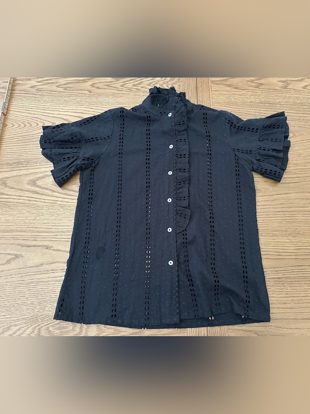 Mille Travel Resort Ruffled Eyelet Button-Front Blouse in Black Sz M